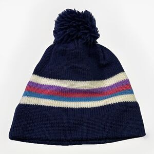 Vintage TYR Knit Pom Beanie Navy Stripe Ski Hat Unisex Winter 80s 90s